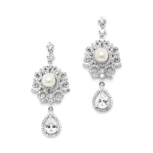 Marielle Earrings Platinum Plated Micro Pave Scroll Earrings with Ivory Pearls