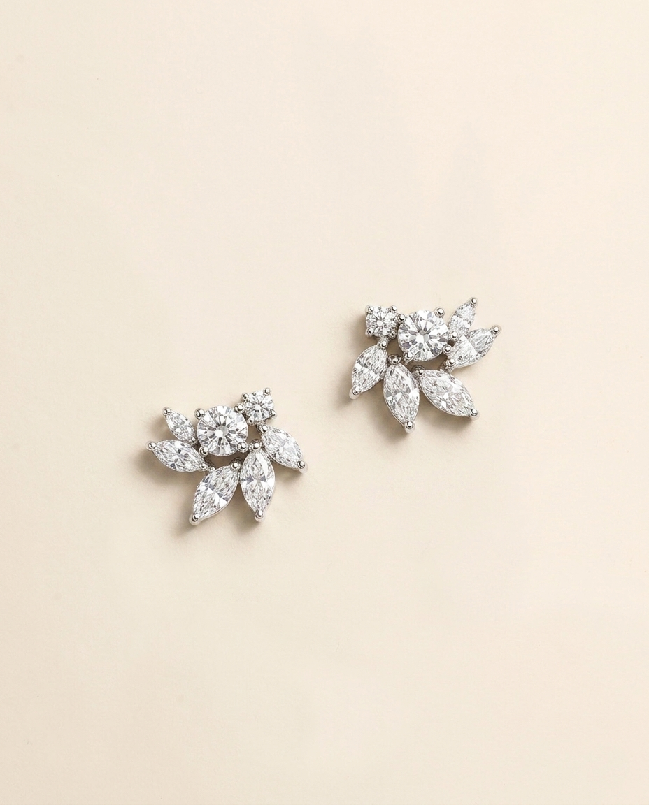 Rosaline CZ Floral Stud Earrings – Silver Wedding Earrings