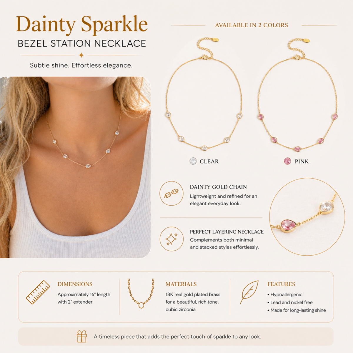 Teardrop Gem Station Necklace – Dainty Gold Chain with Color Accents