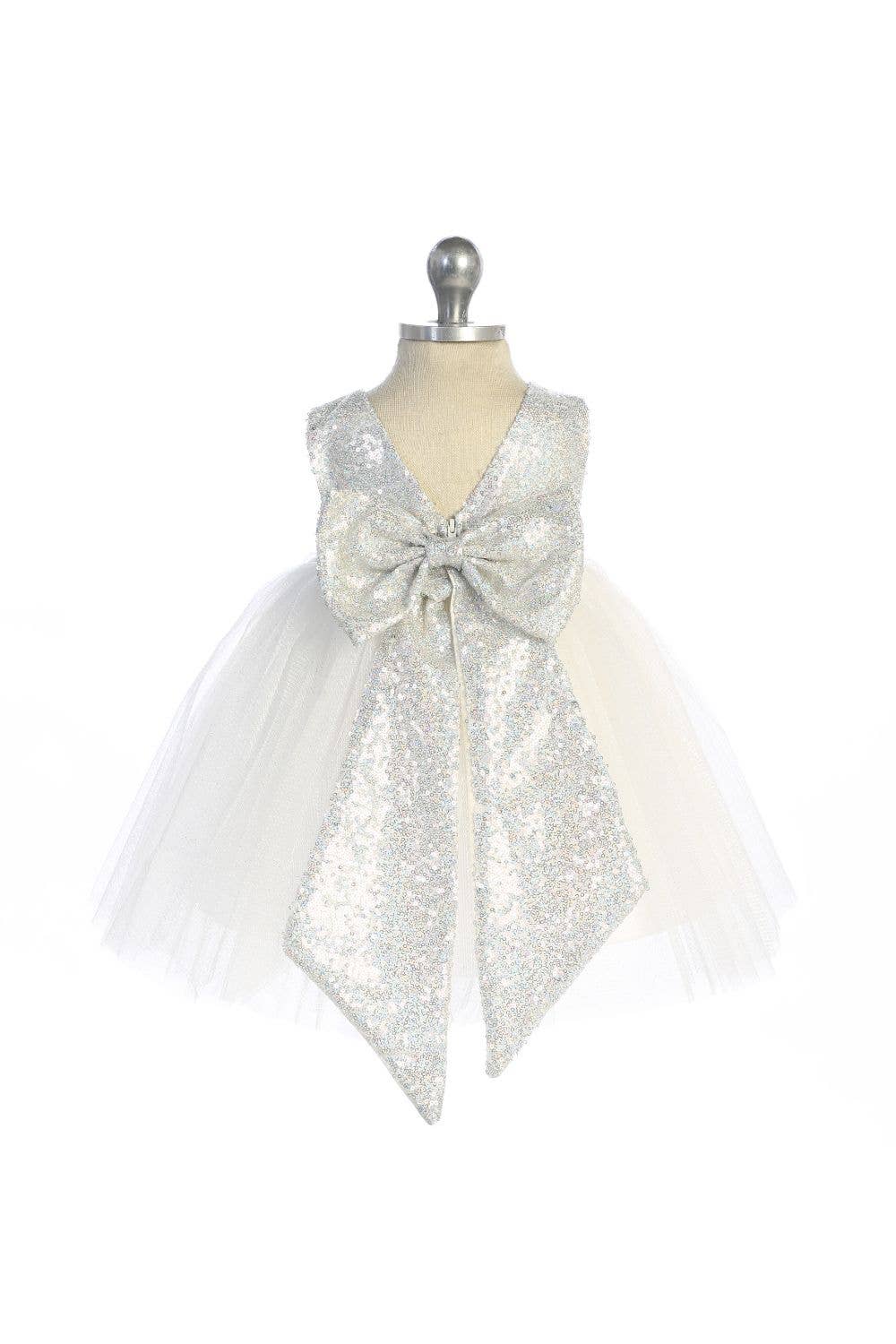 Ivory/Silver Sequins V Back & Bow Baby Dress