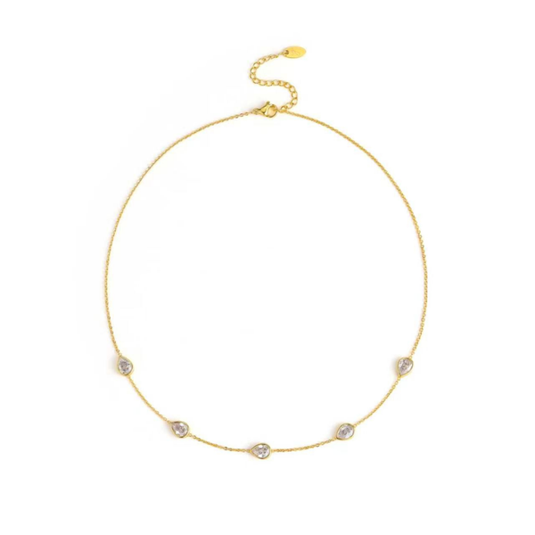 Teardrop Gem Station Necklace – Dainty Gold Chain with Color Accents
