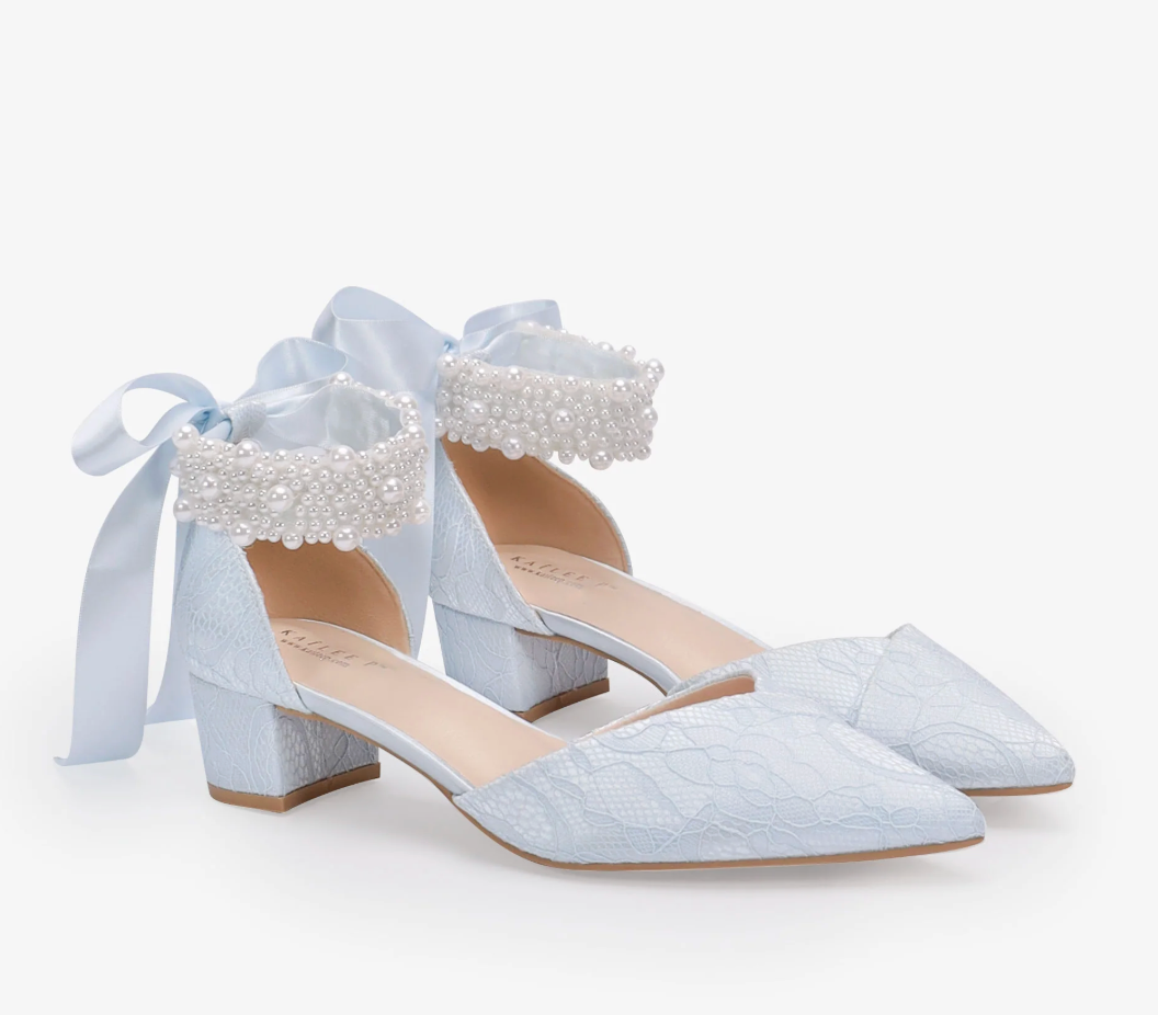 Kailee P Adele - Lace Pointy Toe Low Block Heels with Perla Ankle Strap