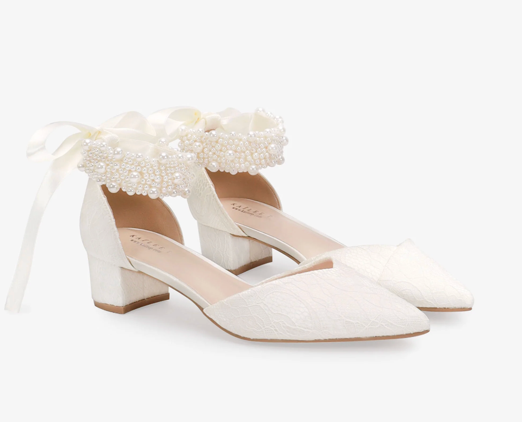 Kailee P Adele - Lace Pointy Toe Low Block Heels with Perla Ankle Strap