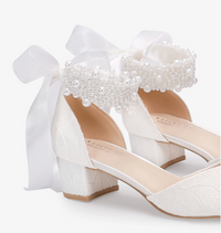 Kailee P Adele - Lace Pointy Toe Low Block Heels with Perla Ankle Strap