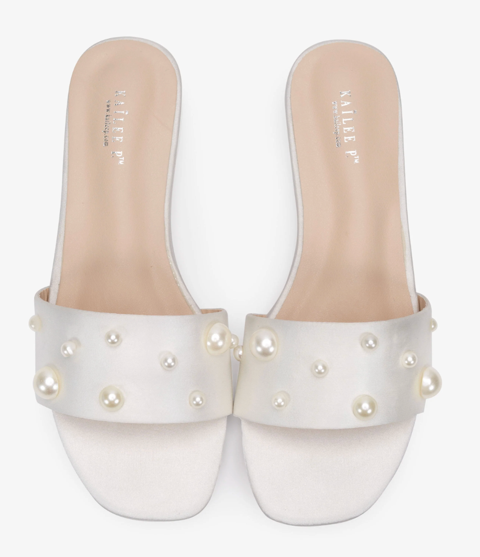 Kailee P Evelyn - Satin Slip on Wedding Sandals with Scattered Pearls