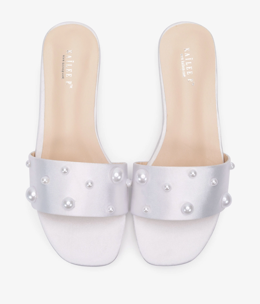 Kailee P Evelyn - Satin Slip on Wedding Sandals with Scattered Pearls