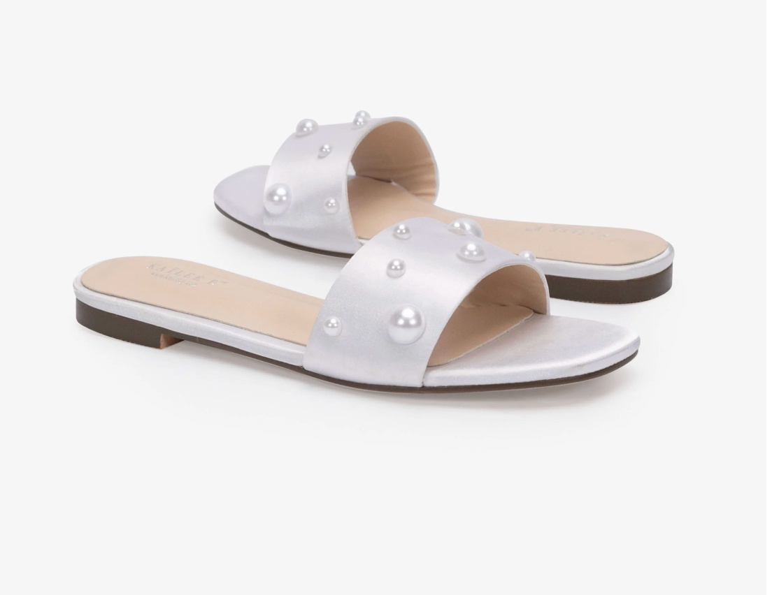 Kailee P Evelyn - Satin Slip on Wedding Sandals with Scattered Pearls