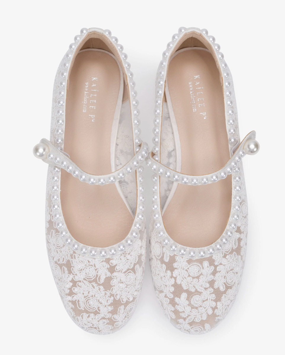Kailee P Zora - Crochet Lace Mary Jane Wedding Flats with Pearls