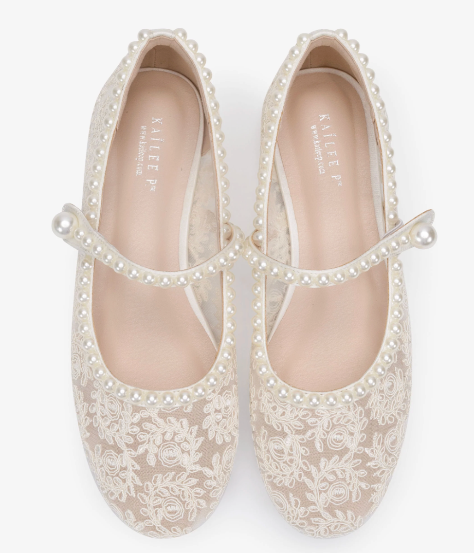Kailee P Zora - Crochet Lace Mary Jane Wedding Flats with Pearls