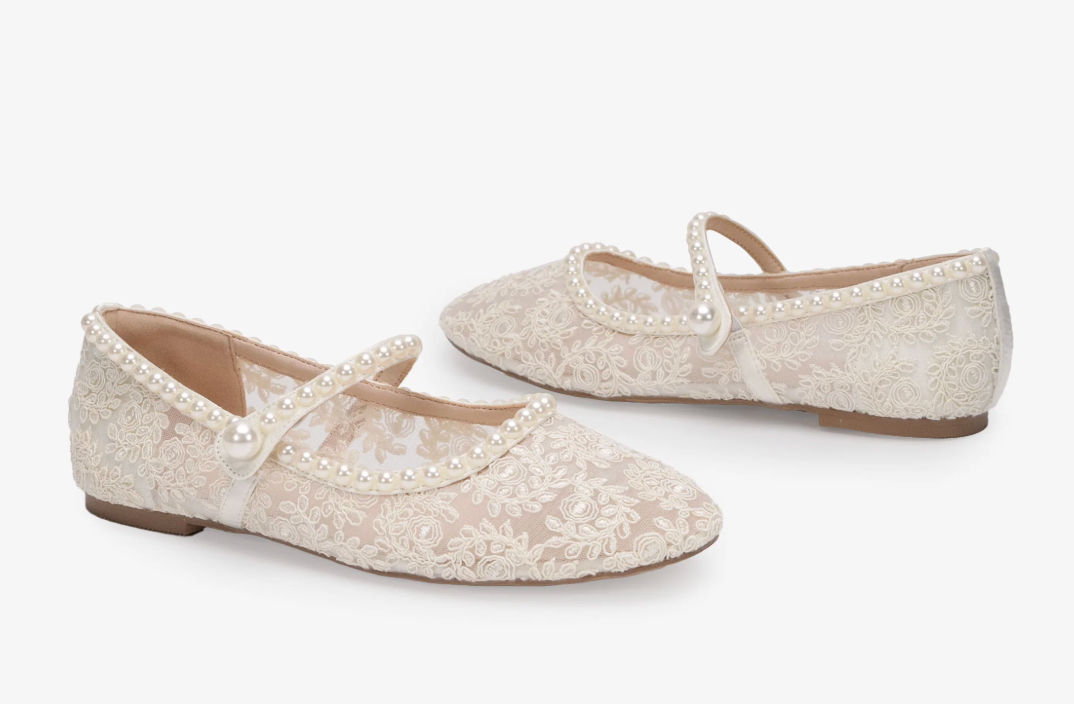 Kailee P Zora - Crochet Lace Mary Jane Wedding Flats with Pearls