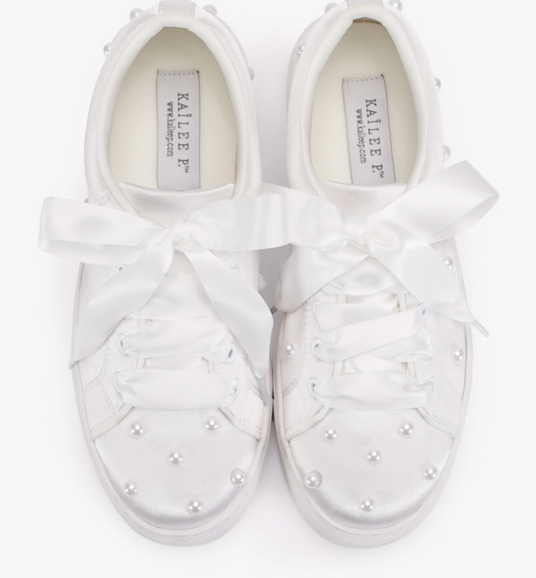 Kailee P Lucy - Satin Wedding Platform Sneakers with Scattered Pearls