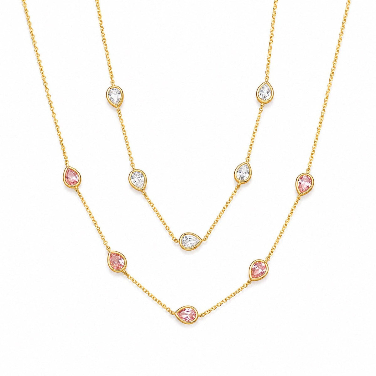 Teardrop Gem Station Necklace – Dainty Gold Chain with Color Accents