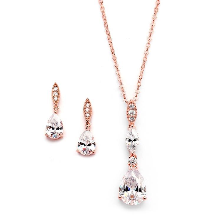 Stunning Linear Rose Gold Bridal Necklace With Pear-Shaped Cz Drop