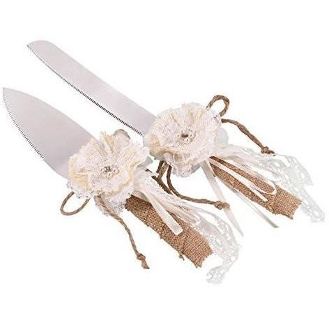 Bride Savvy LLC -Your Bride Box Lillian Rose Burlap and Lace Knife Server, 13" x 5.5" x 2", Brown