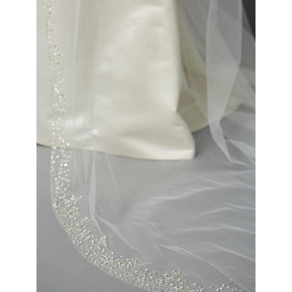 Rhinestone Edge Cathedral Bridal Veil with Pearls, Beads & Crystals - Ivory  4618V-I