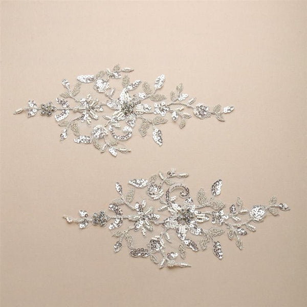 Marielle Applique Silver Wedding Dress Applique with Sequin and Crystal Floral Vines