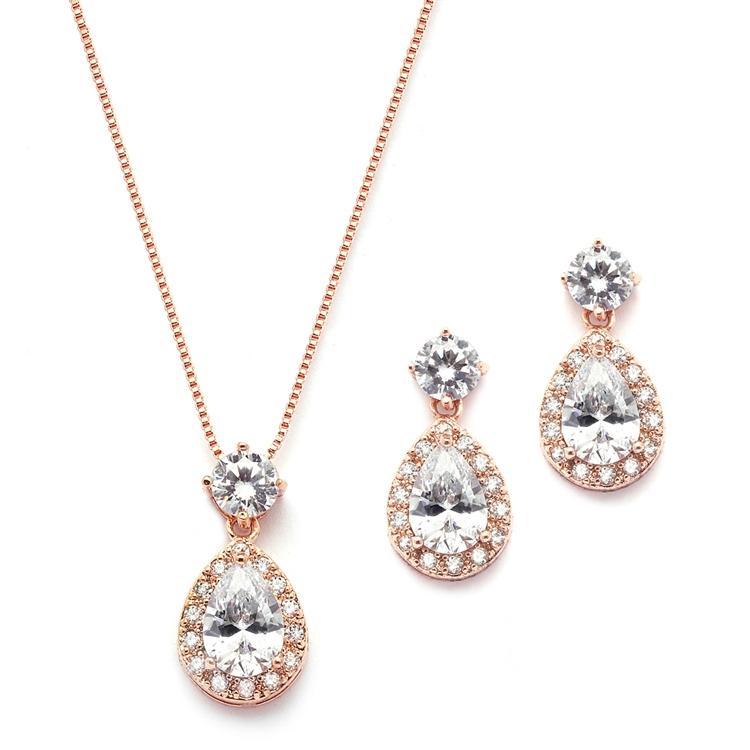 Marielle Earrings Brilliant Halo Pear Shaped Rose Gold Necklace and Earrings Set