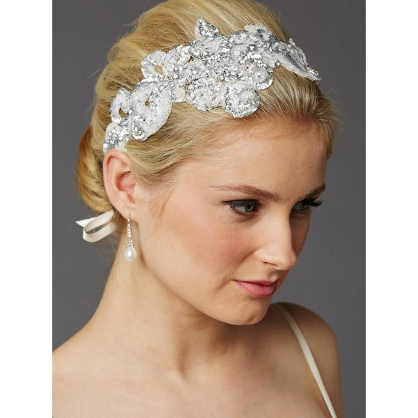 Marielle Headbands Hand-Made Glistening Silver Sequin Lace Bridal Headband
