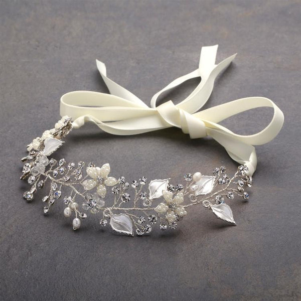 Marielle Headbands Hand Painted Bridal Ribbon Headband with Leaves