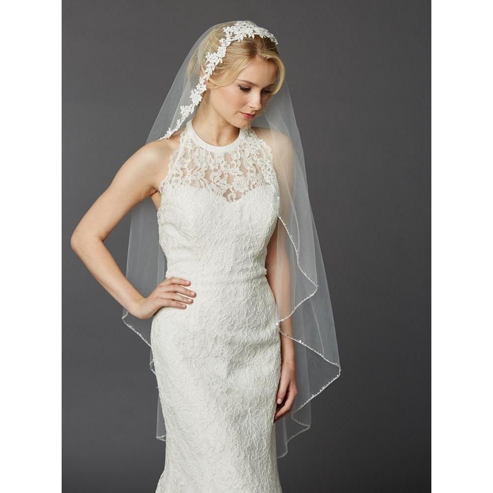Copy of Gardenia One Tier Bridal Veil with Beaded Lace Top  display picture 2