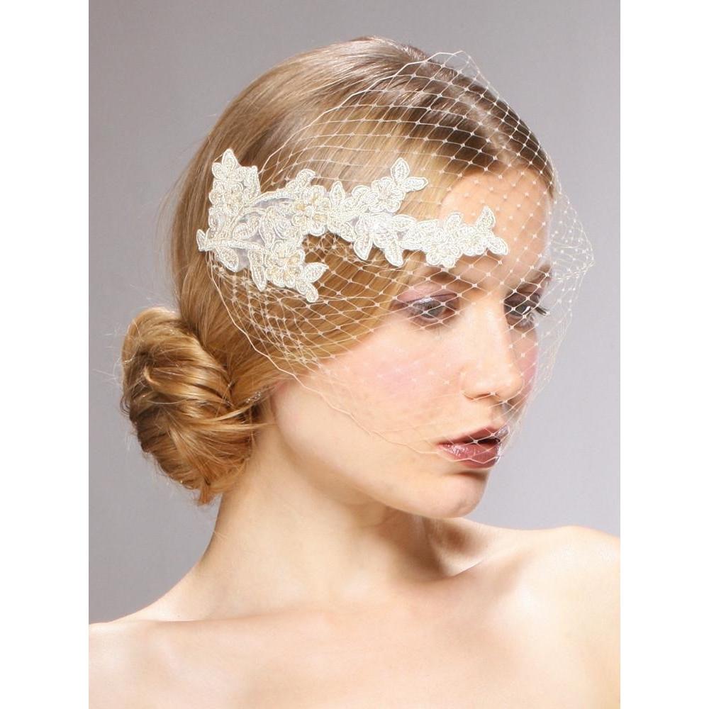 Marielle Viels Handmade French Netting Bandeau Bridal Veil with Vintage Lace