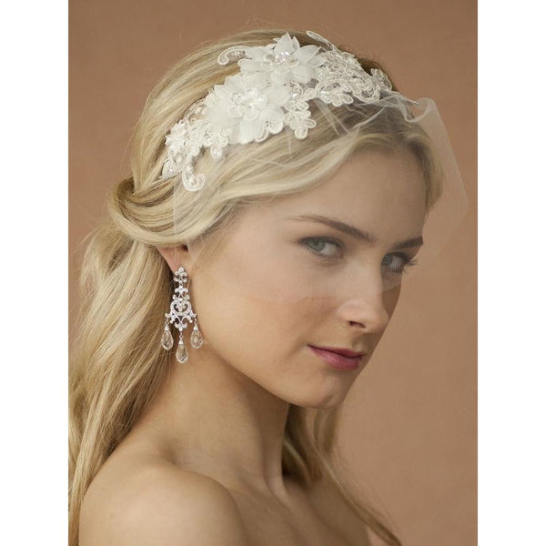 Marielle Viels Handmade Headband with Ivory European Lace Applique & Petite Veil