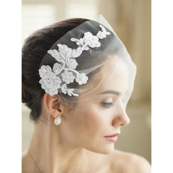 Marielle Viels Handmade Tulle Bandeau Veil with Beaded Lace Applique