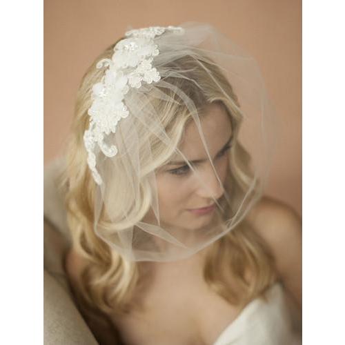 Marielle Viels Handmade Tulle Birdcage Blusher Veil with Double Flower Lace Applique