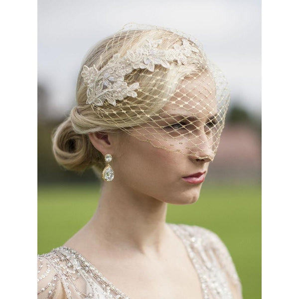 Marielle Viels Metallic Gold French Netting Bandeau Veil with Lace Appliques
